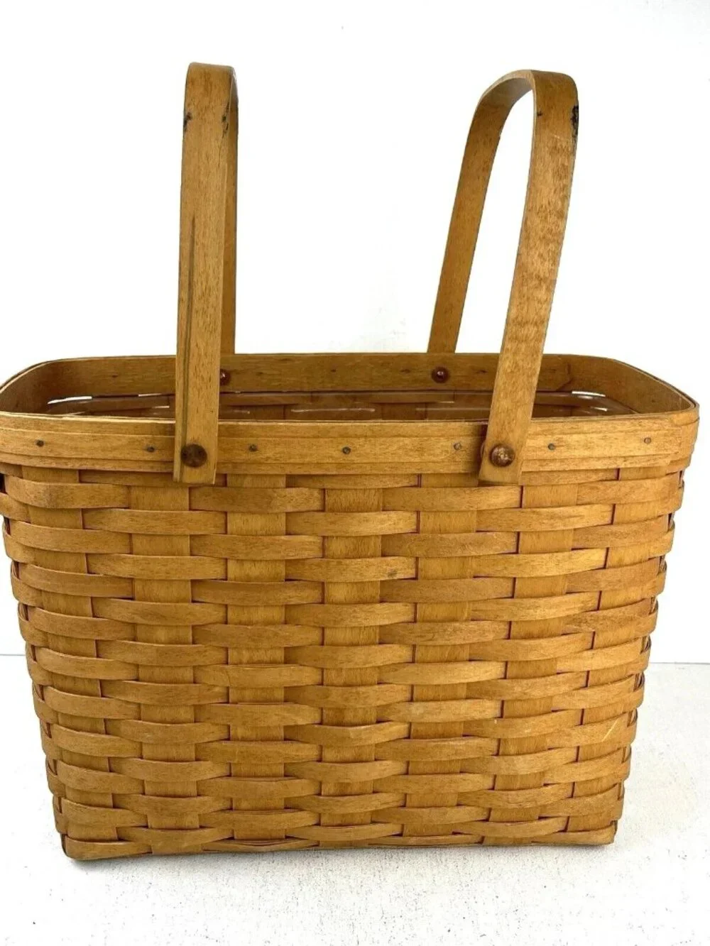 Longaberger 1988 Handwoven Basket Magazine Basket Swinging Handles 13x11x5.5 In